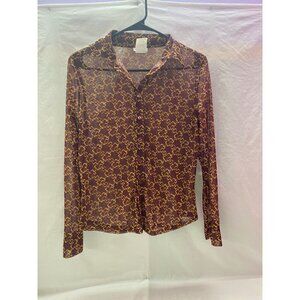 Paul Harris Design Size M Sheer Collar Button Up Burgundy w Gold Chain Design